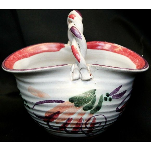 Handmade Artesian Pottery Basket Clay Painted Glazed White Purple Flower Twisted - Picture 1 of 8